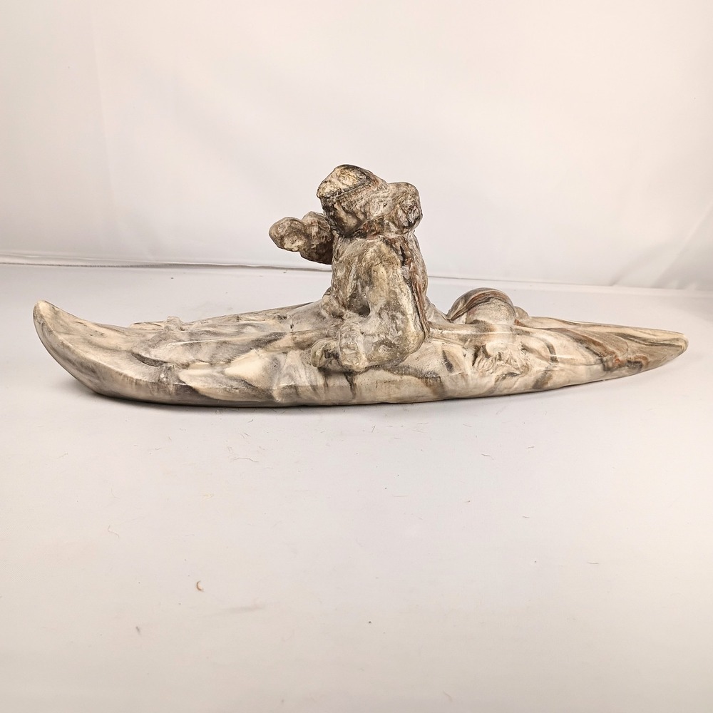 Vintage Canadian Inuit Hand Sculpted Stone Native American Canoeing 12.5" Long